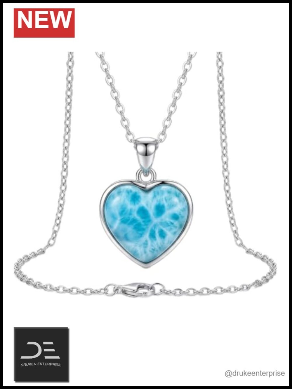Natural Larimar Heart Pendant Necklace 925 Sterling Silver Simple Jewelry Gift